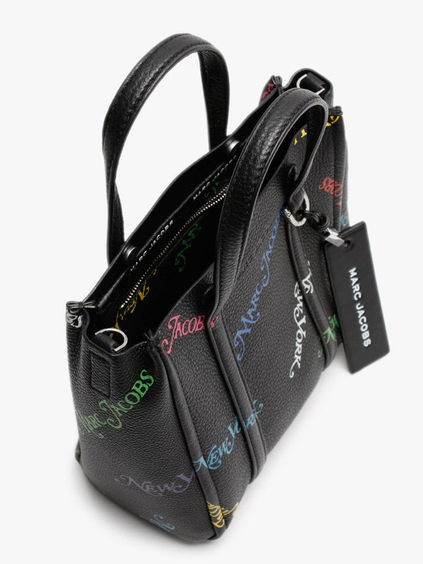 Tag 21 Black Multi Logo Pebbled Leather Tote Bag