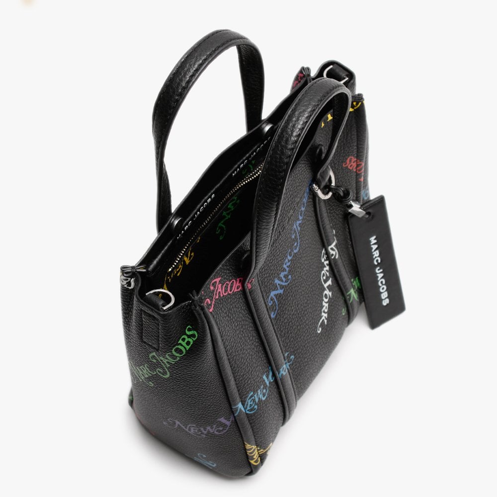 Tag 21 Black Multi Logo Pebbled Leather Tote Bag
