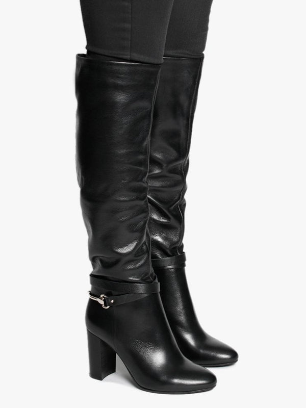 Lavlet Black Leather Stirrup Knee Boots