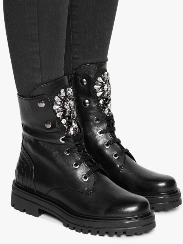 Emrika Black Leather Embellished Ankle Boots