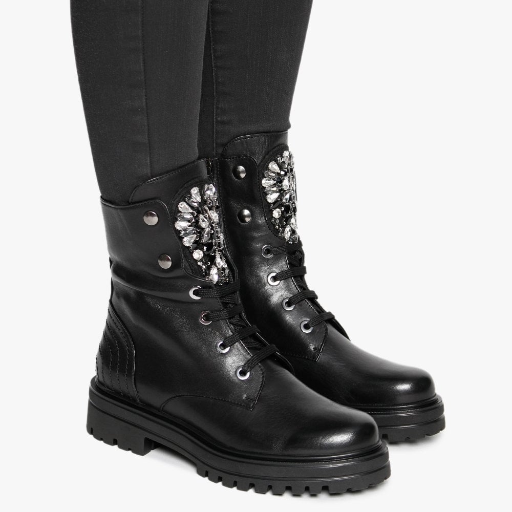 Emrika Black Leather Embellished Ankle Boots