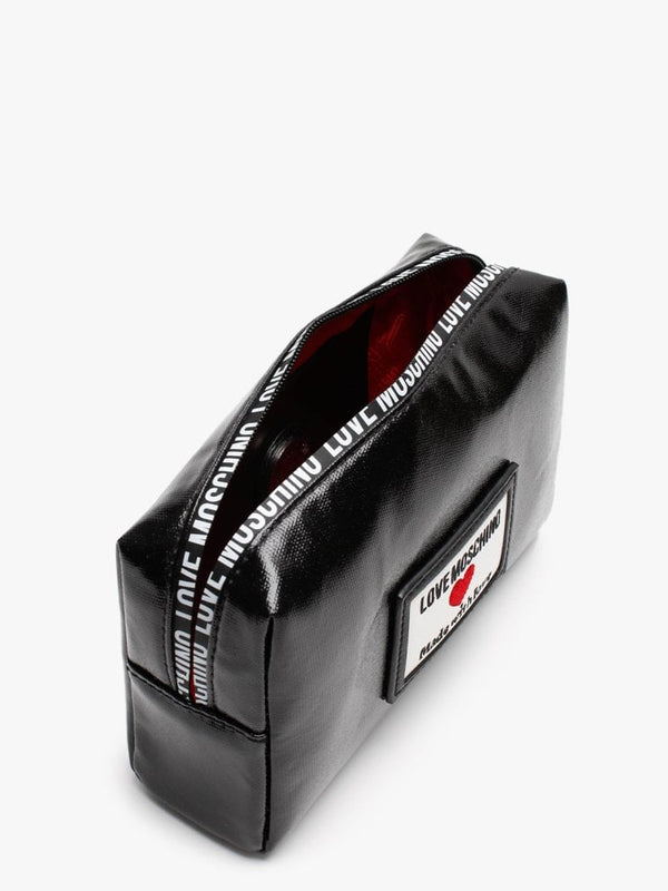 Coated Canvas Black Patent Logo Pouch