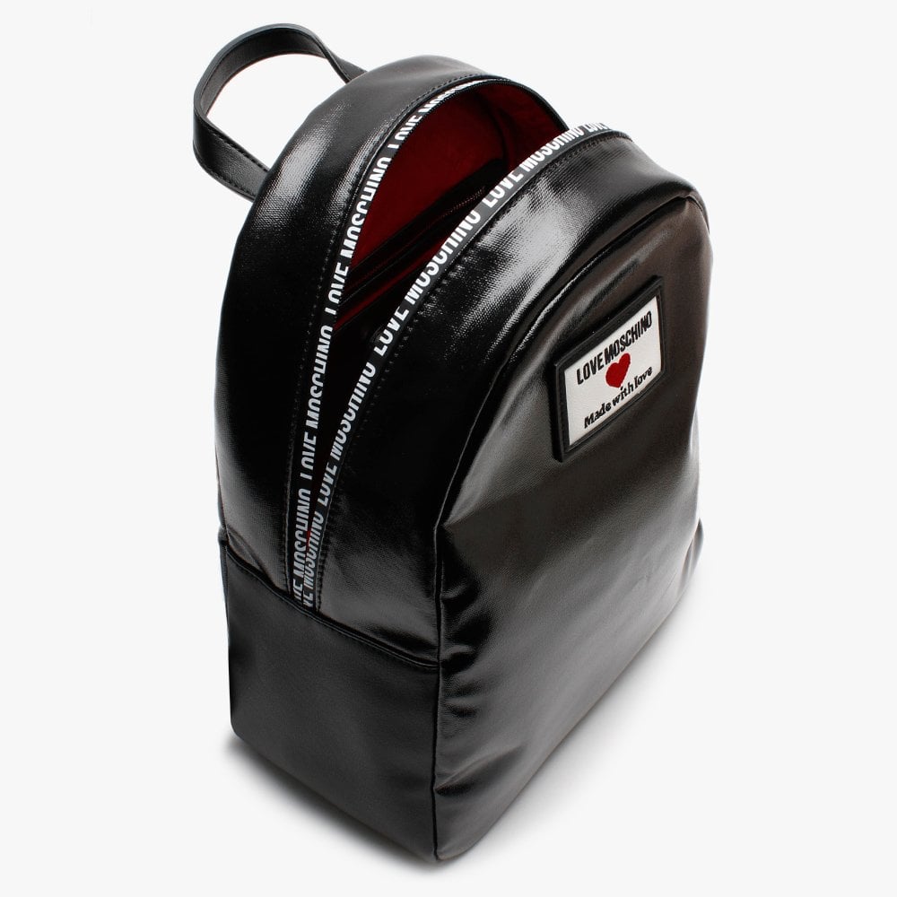 Coated Canvas Black Patent Logo Backpack