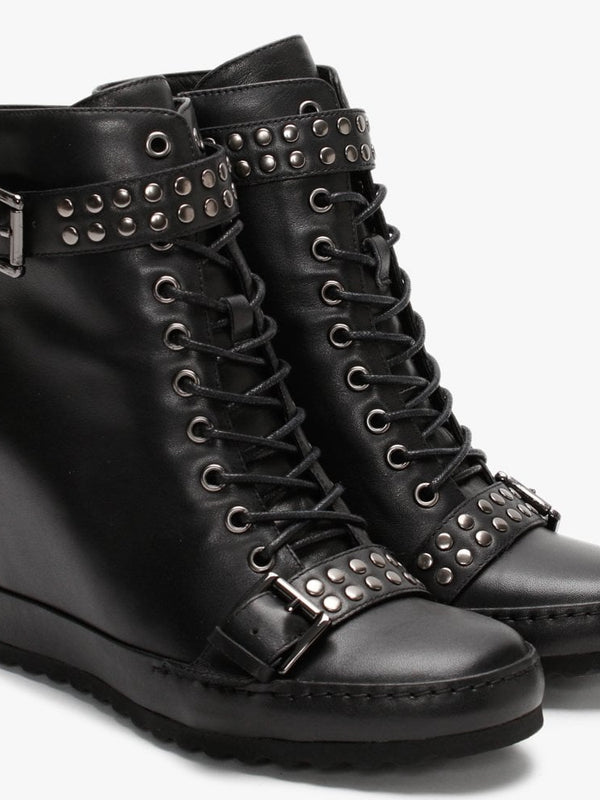 Pledge Black Leather Studded Wedge Ankle Boots