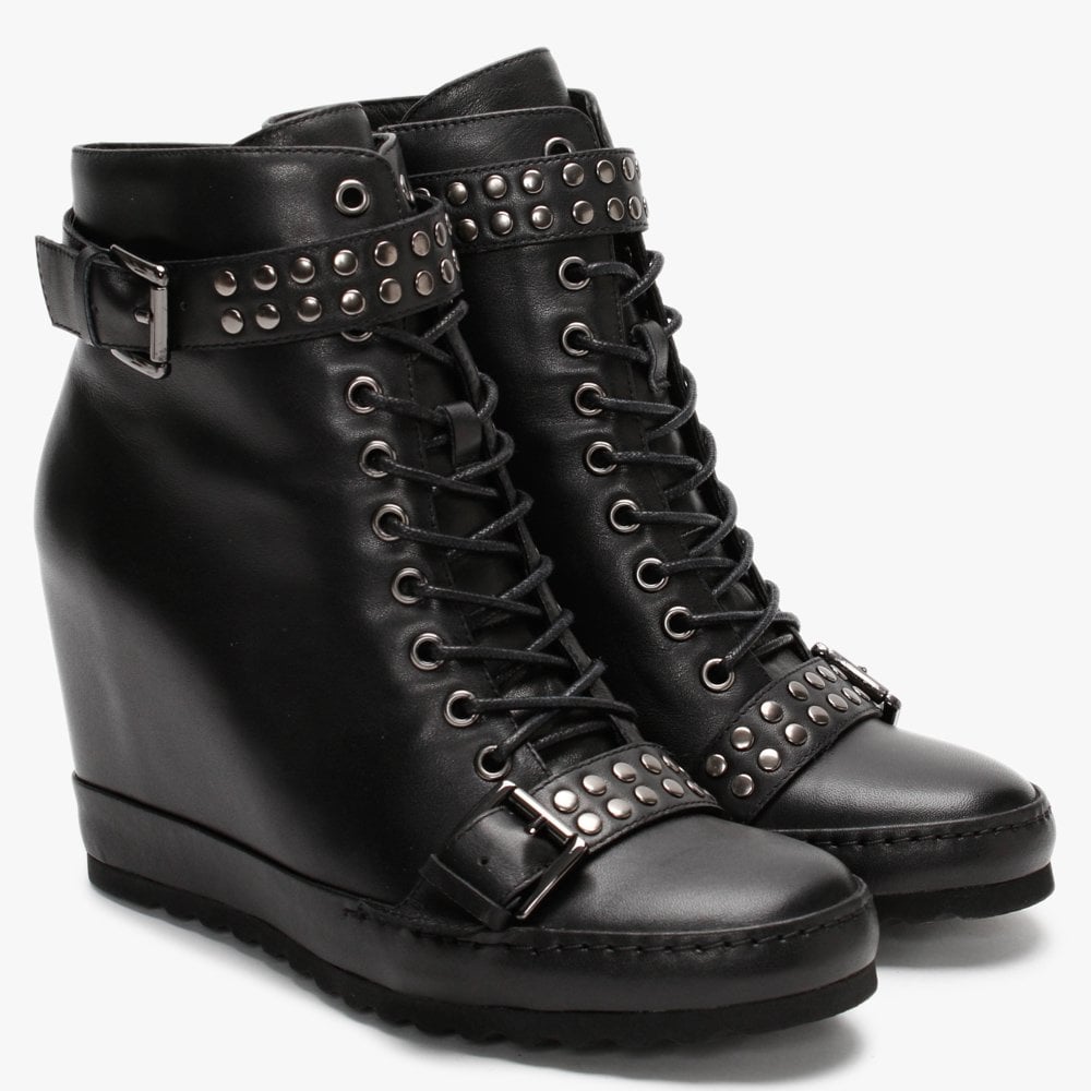 Pledge Black Leather Studded Wedge Ankle Boots