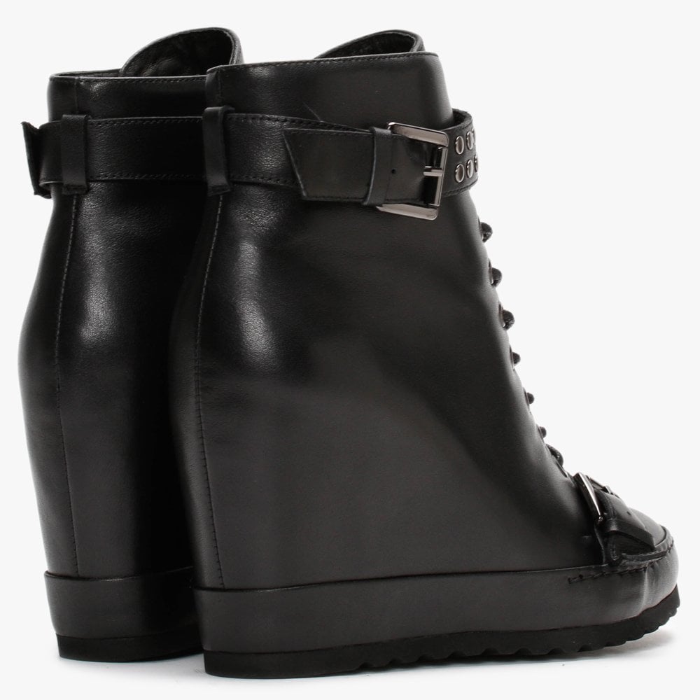 Pledge Black Leather Studded Wedge Ankle Boots
