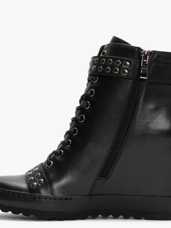 Pledge Black Leather Studded Wedge Ankle Boots