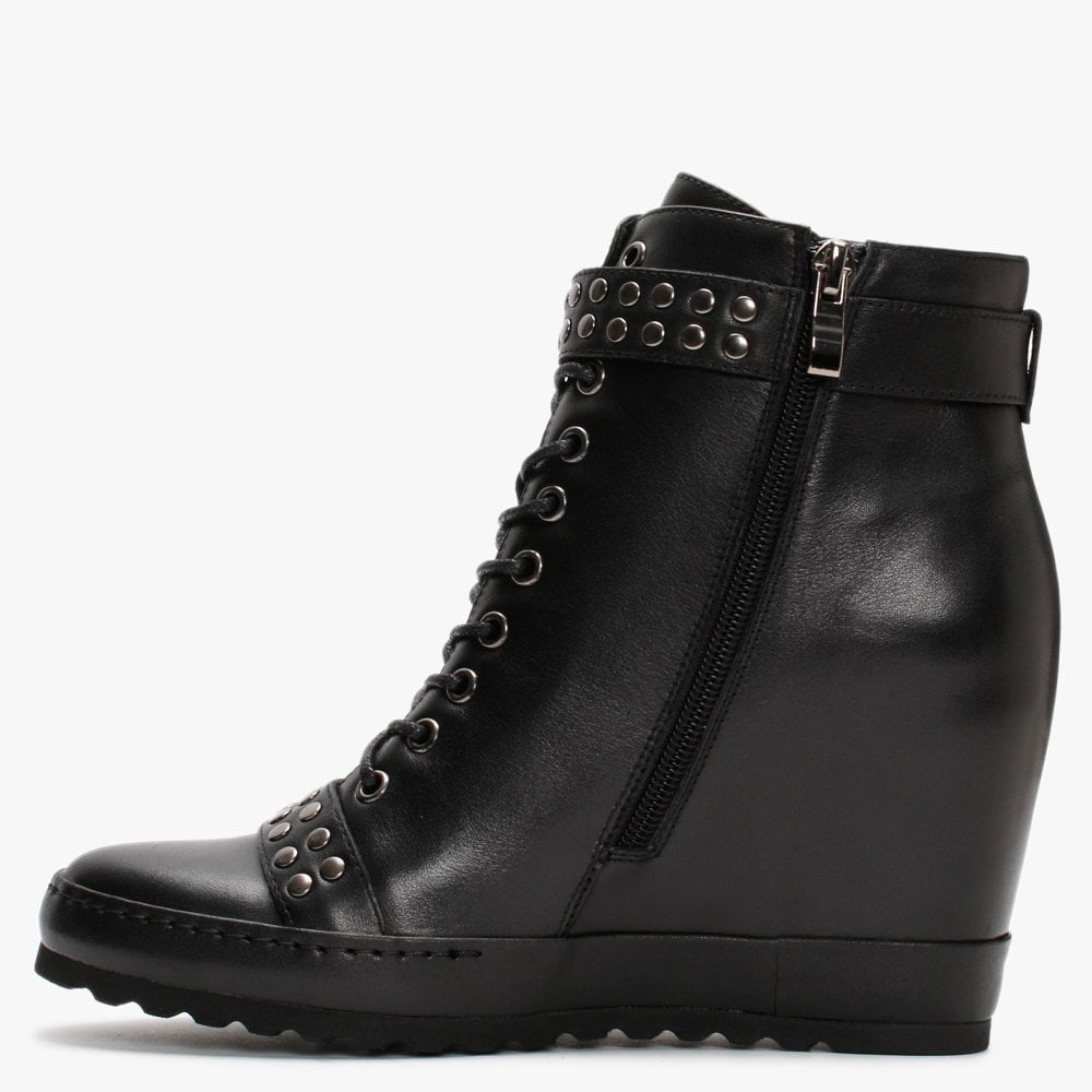 Pledge Black Leather Studded Wedge Ankle Boots