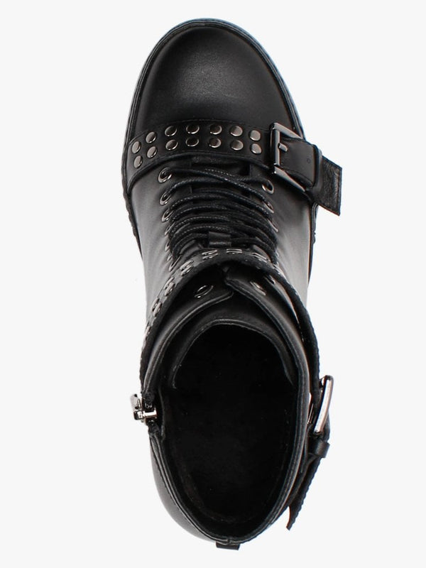 Pledge Black Leather Studded Wedge Ankle Boots