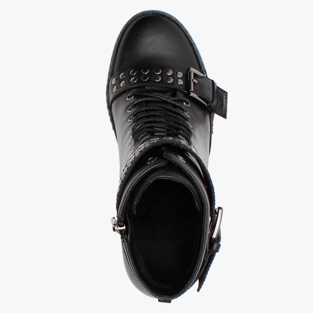 Pledge Black Leather Studded Wedge Ankle Boots
