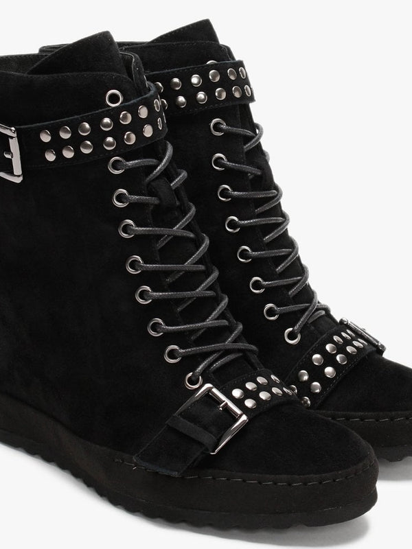 Pledge Black Suede Studded Wedge Ankle Boots