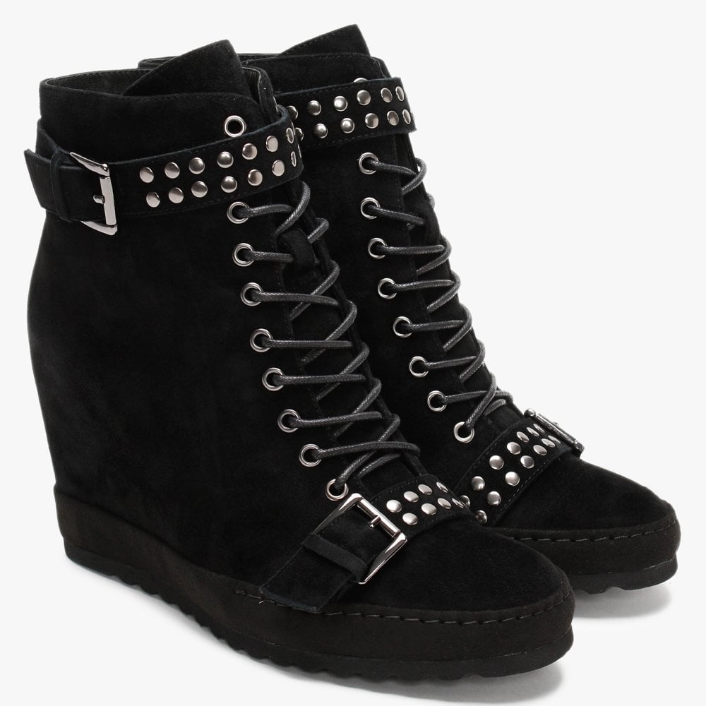 Pledge Black Suede Studded Wedge Ankle Boots