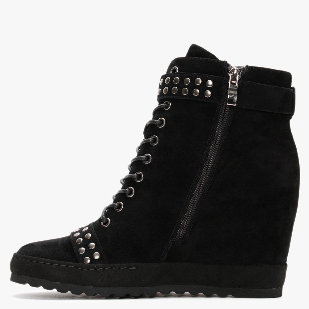Pledge Black Suede Studded Wedge Ankle Boots