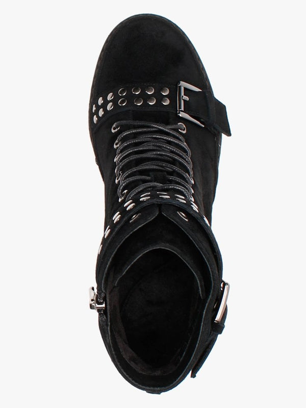 Pledge Black Suede Studded Wedge Ankle Boots