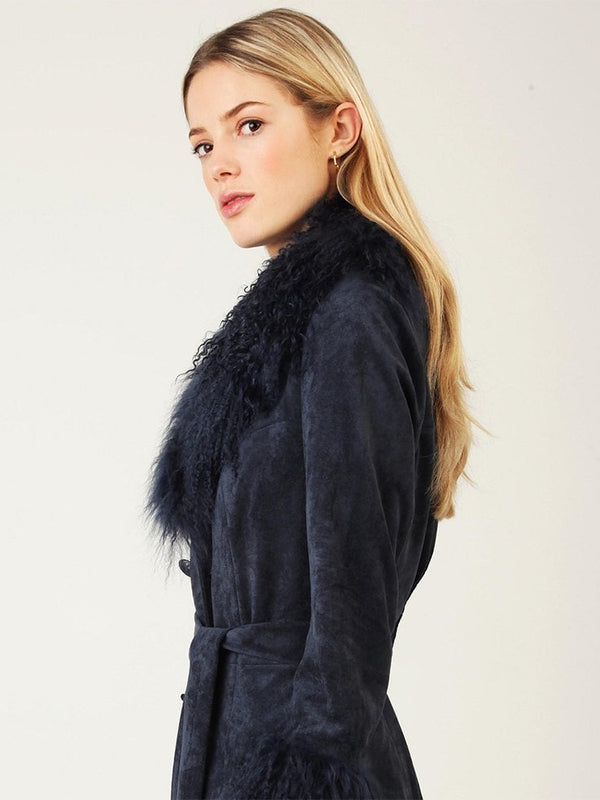 Penny Navy Suedette Mongolian Trim 70’s Long Line Jacket
