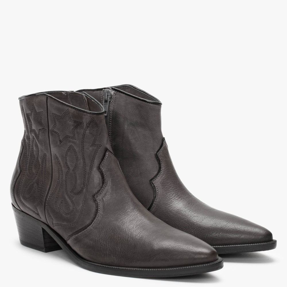 Lima Grey Leather Western Ankle Boots