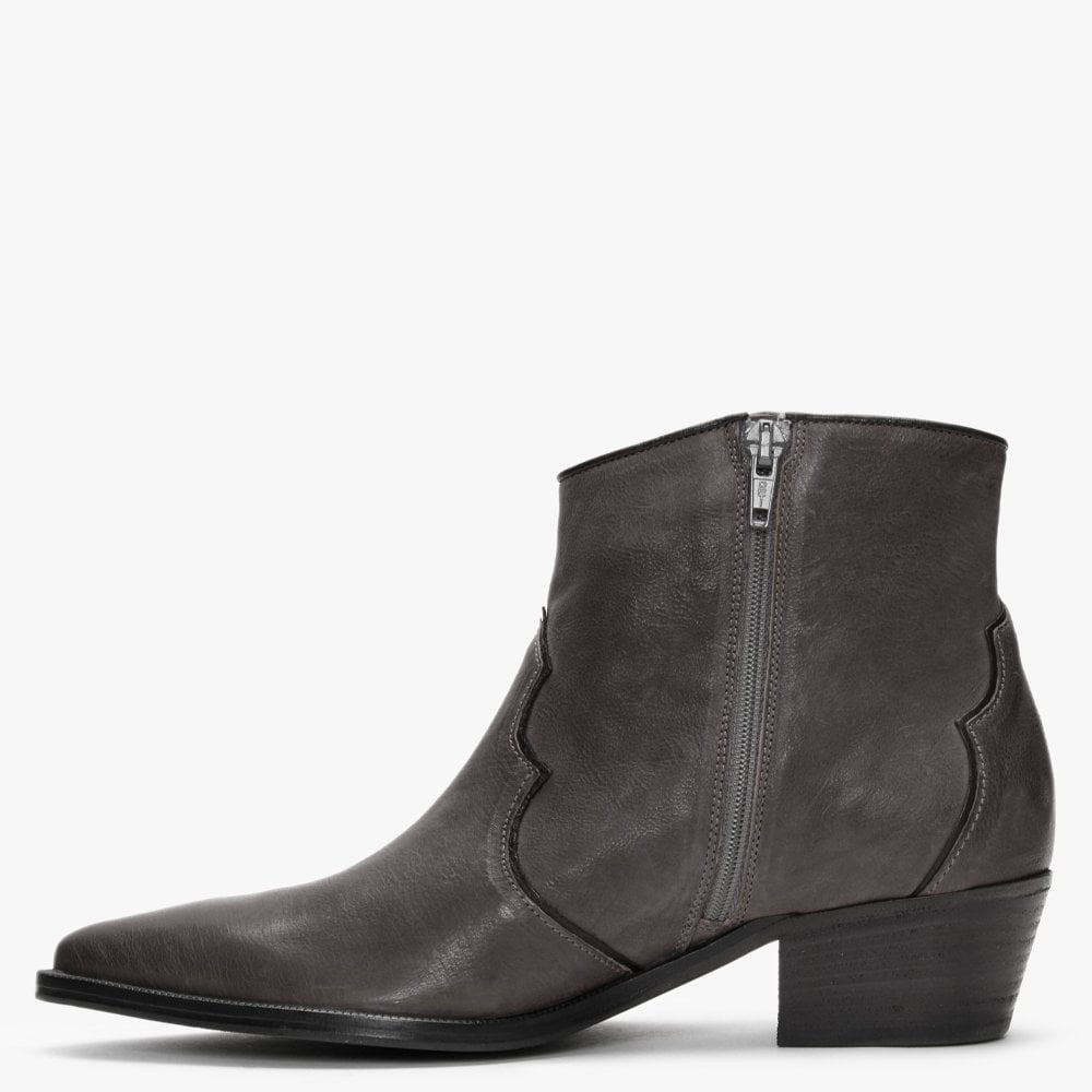 Lima Grey Leather Western Ankle Boots