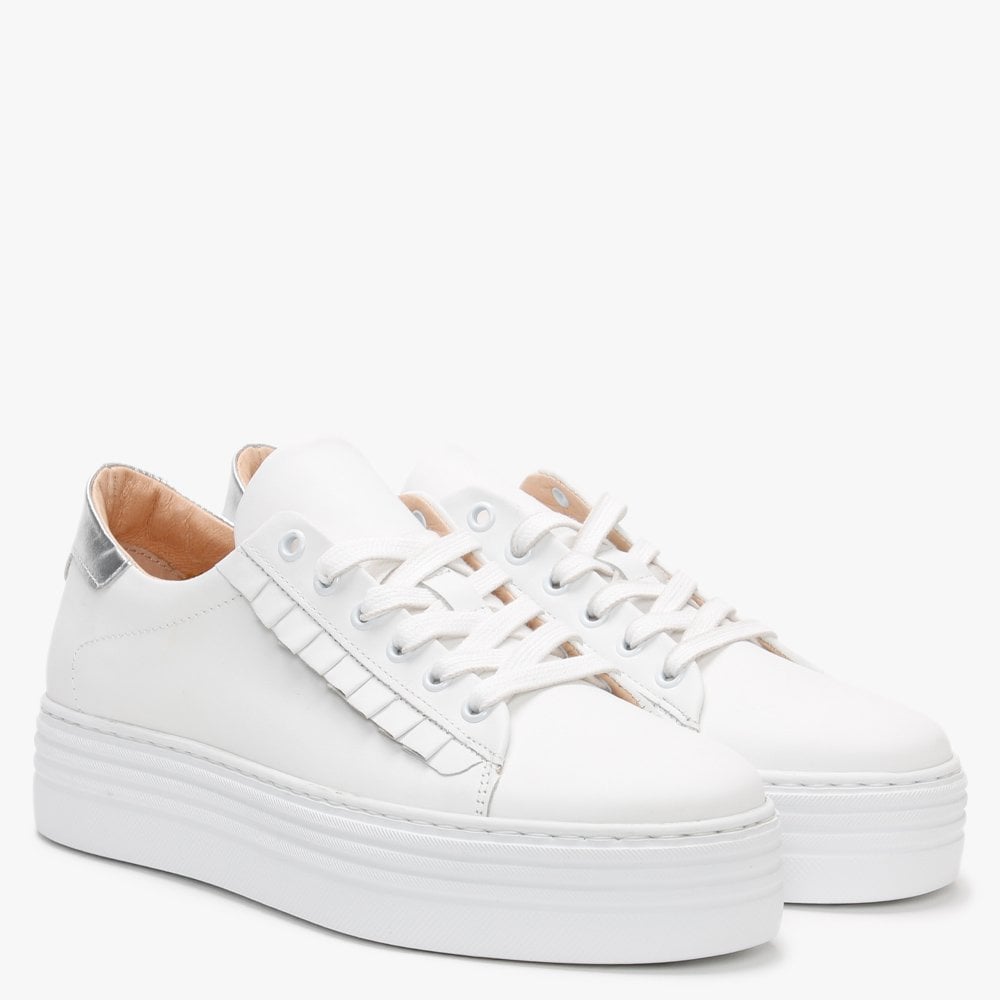 Mewfrill White Leather Silver Tab Flatform Trainers