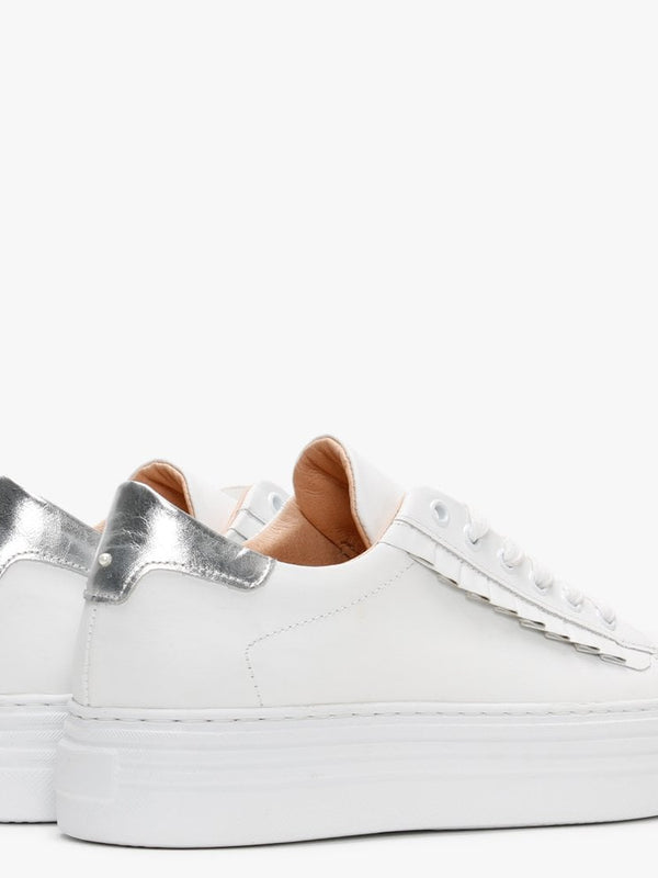 Mewfrill White Leather Silver Tab Flatform Trainers