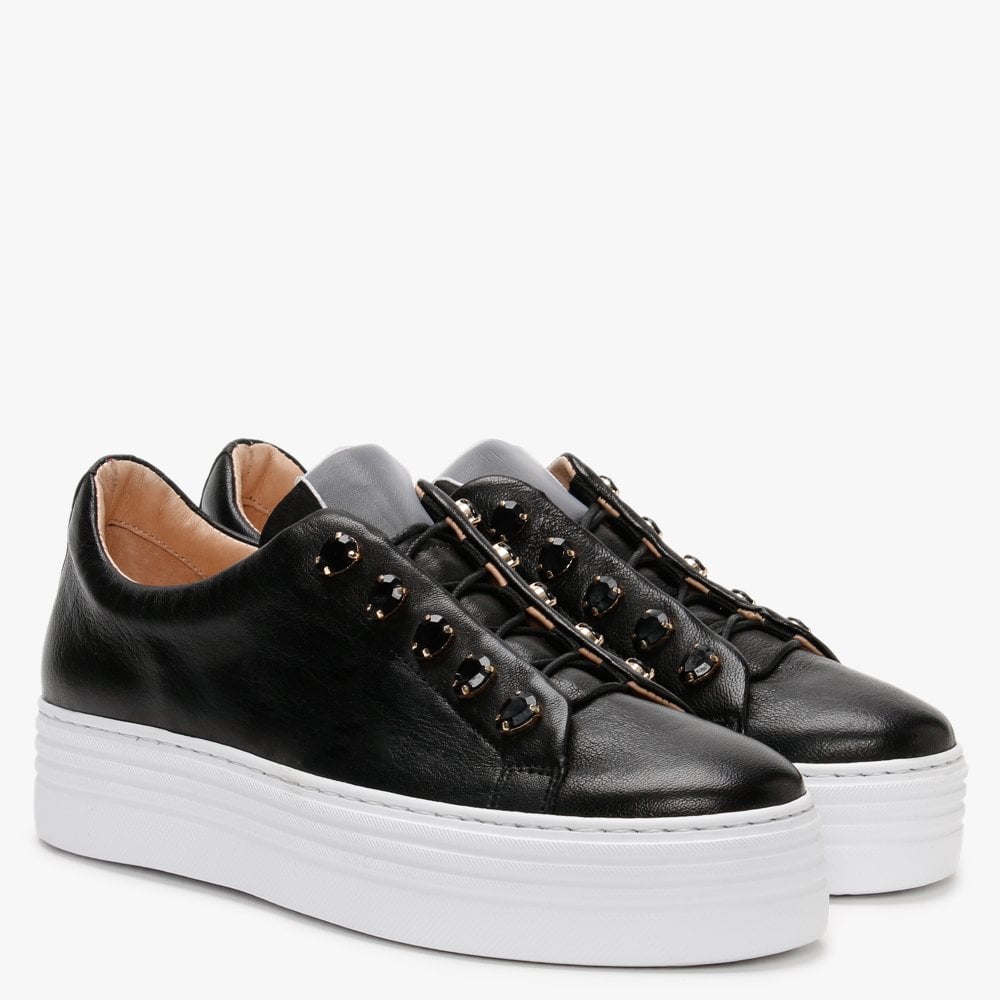 Mewjewell Black Leather Flatform Trainers