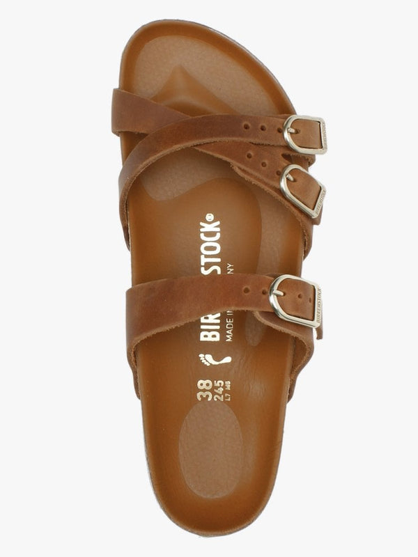 Franca Cognac Waxy Leather Cross Strap Mules