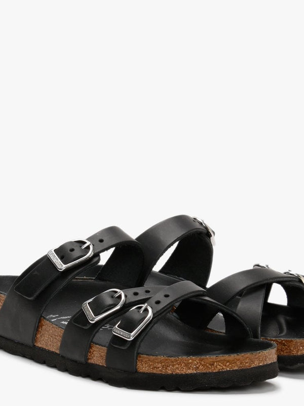 Franca Black Waxy Leather Cross Strap Mules