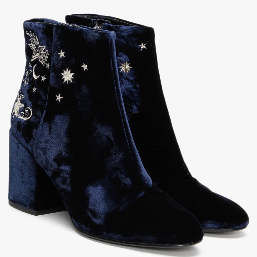 Elixir Navy Velvet Embroidered Ankle Boots