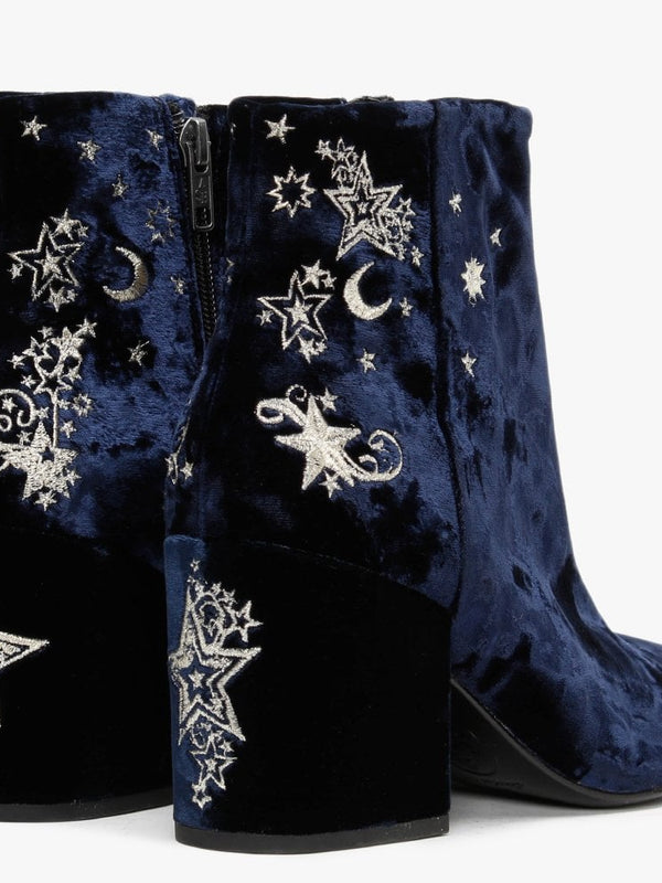 Elixir Navy Velvet Embroidered Ankle Boots