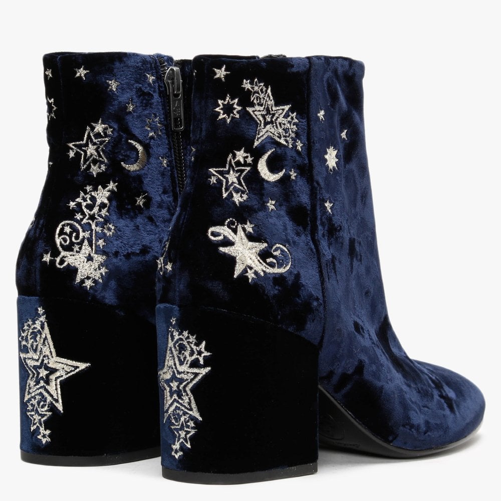 Elixir Navy Velvet Embroidered Ankle Boots