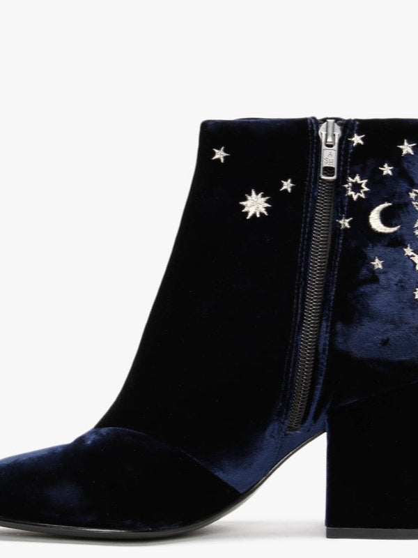 Elixir Navy Velvet Embroidered Ankle Boots