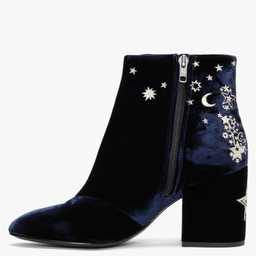 Elixir Navy Velvet Embroidered Ankle Boots