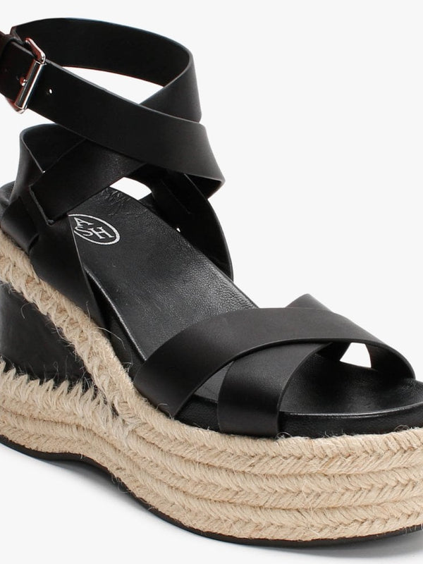 Quantas Black Leather Wedge Sandals