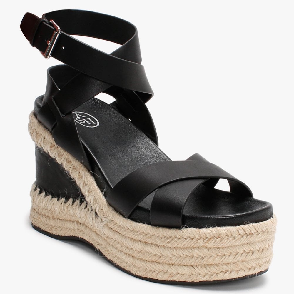 Quantas Black Leather Wedge Sandals