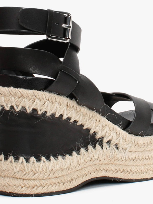 Quantas Black Leather Wedge Sandals