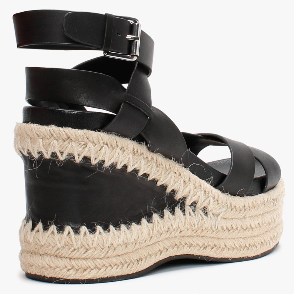 Quantas Black Leather Wedge Sandals