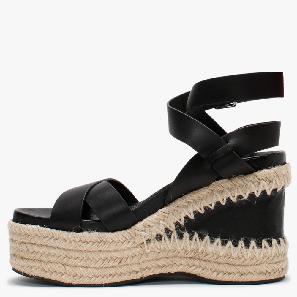 Quantas Black Leather Wedge Sandals