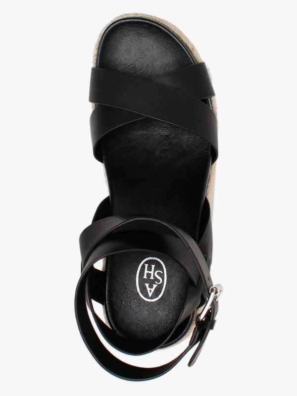 Quantas Black Leather Wedge Sandals