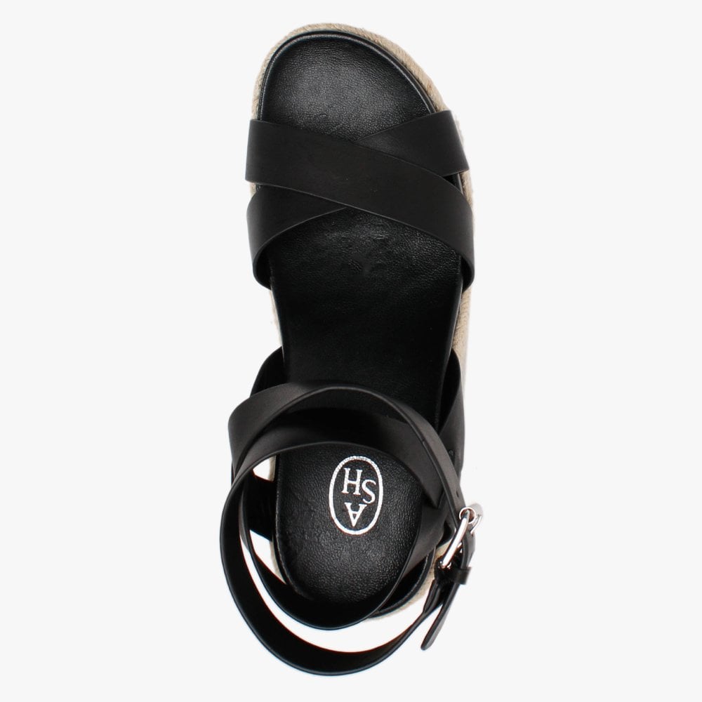 Quantas Black Leather Wedge Sandals