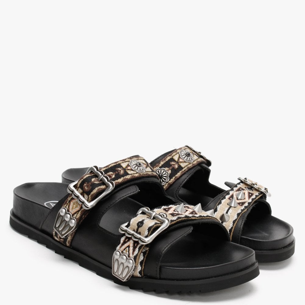 Ulysse Two Strap Black Leather Mules