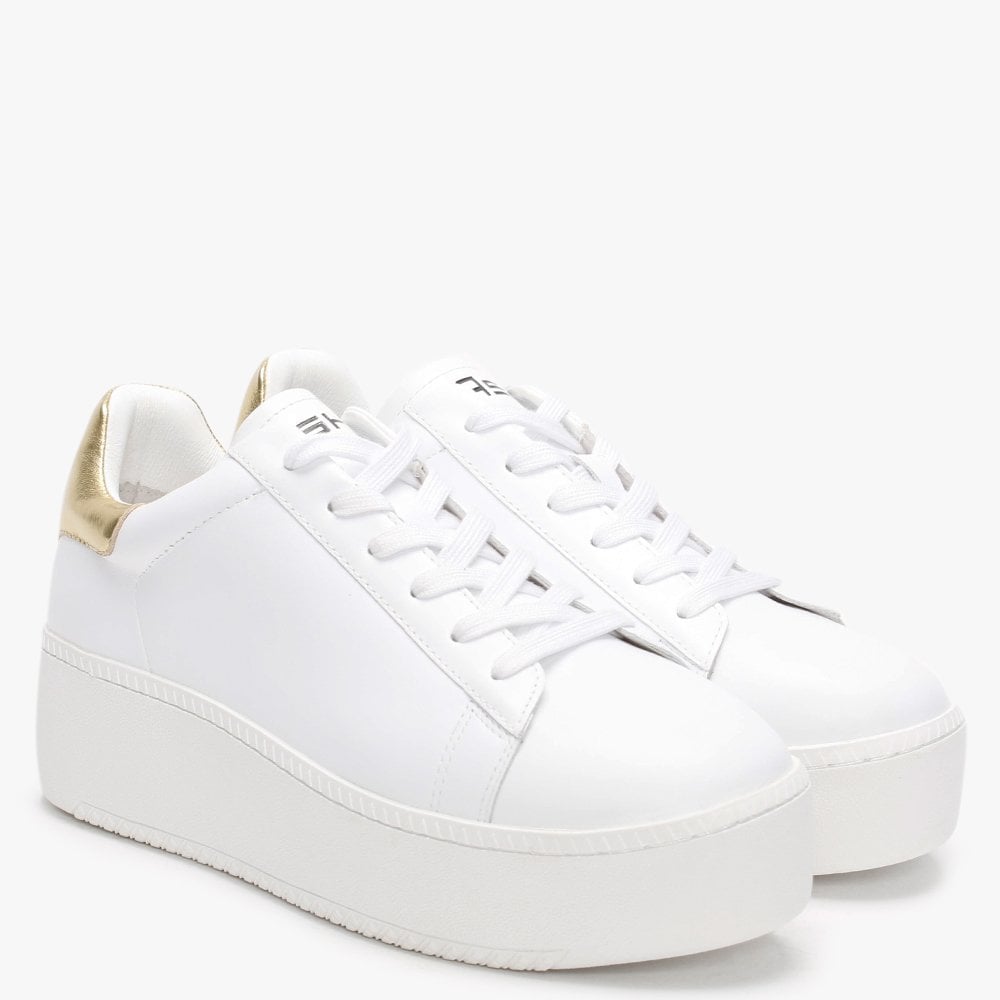 Cult White Leather Gold Flash Flatform Trainers