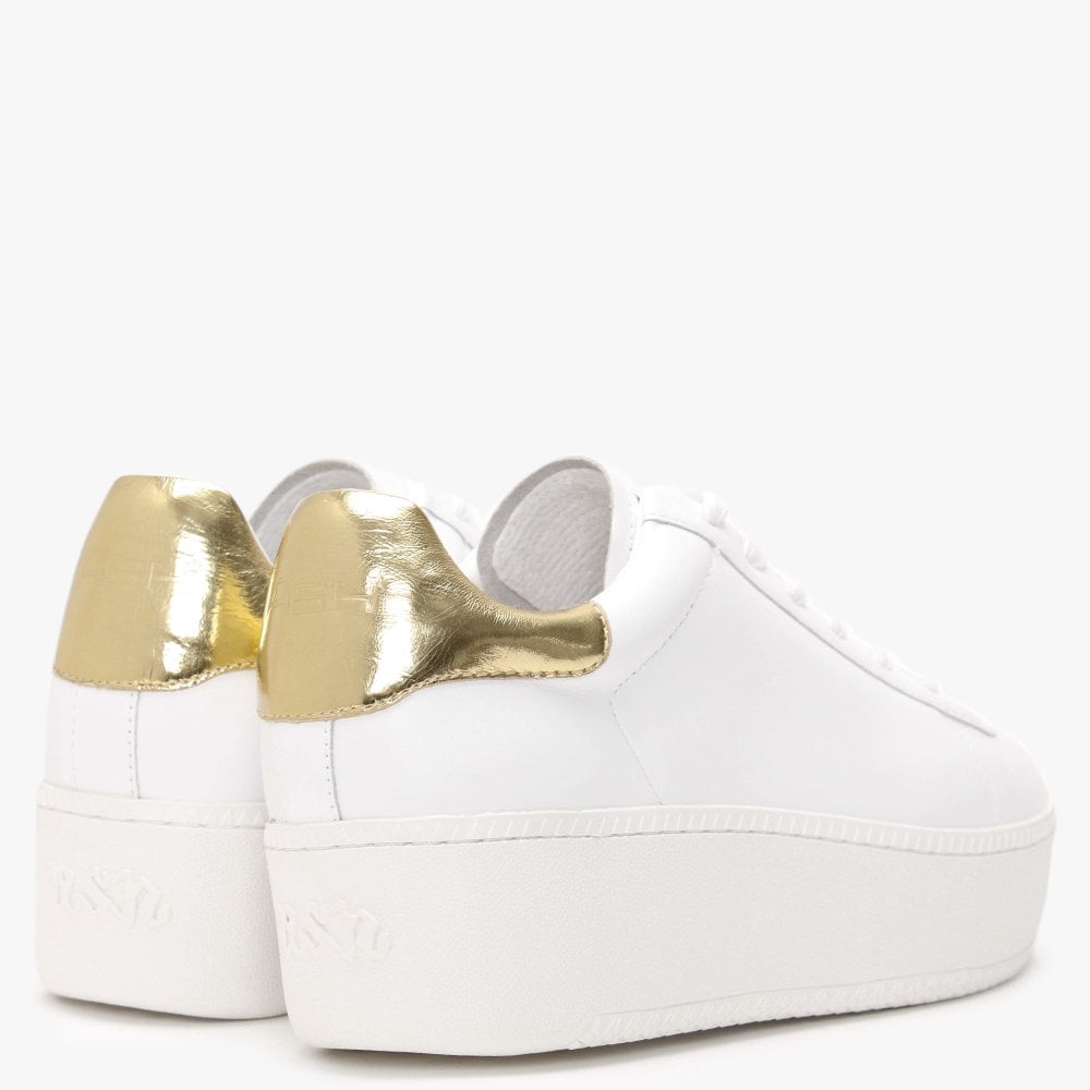 Cult White Leather Gold Flash Flatform Trainers