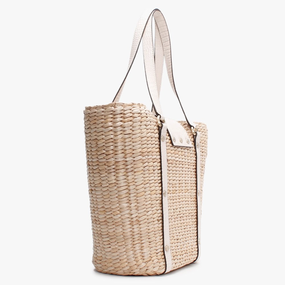 Palona White Moc Croc Straw Tote Bag
