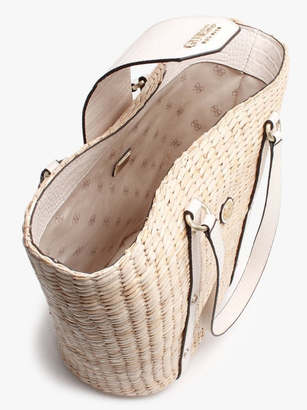 Palona White Moc Croc Straw Tote Bag