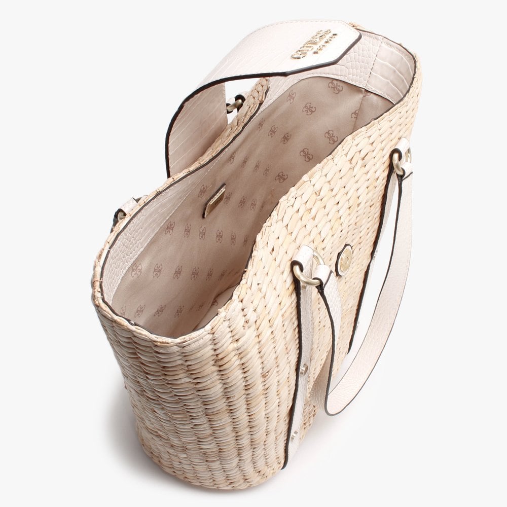 Palona White Moc Croc Straw Tote Bag