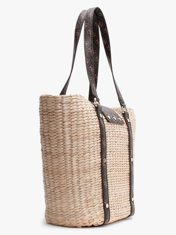 Palona Brown Repeat Logo Straw Tote Bag