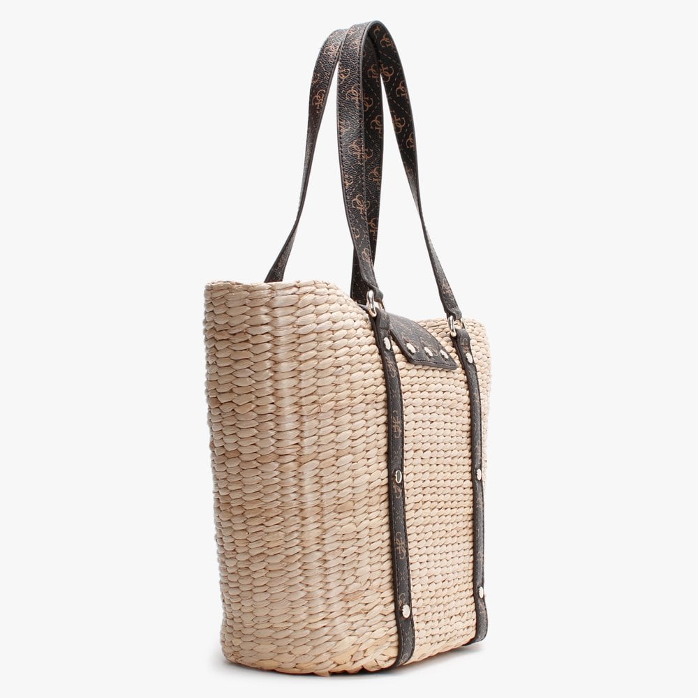 Palona Brown Repeat Logo Straw Tote Bag