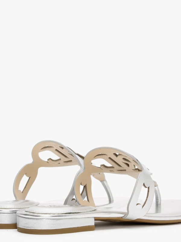 Audrie Silver Burnished Leather Logo Sandals