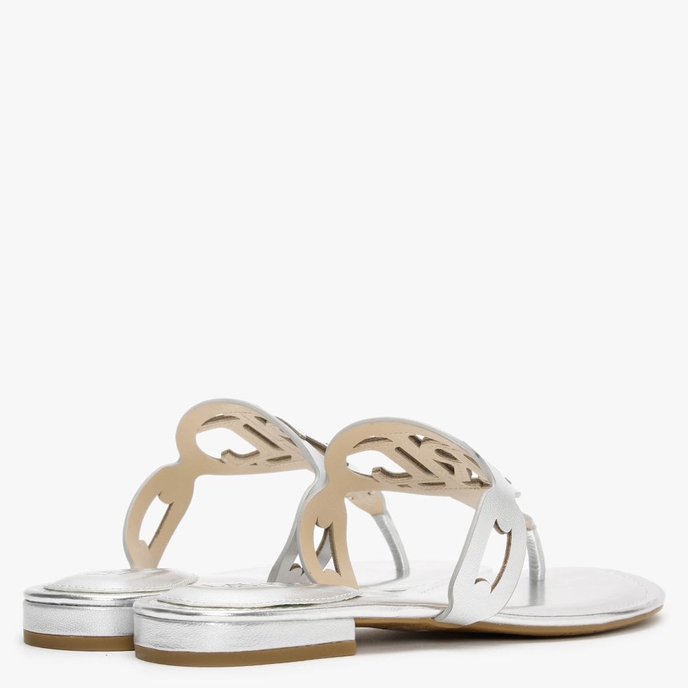 Audrie Silver Burnished Leather Logo Sandals