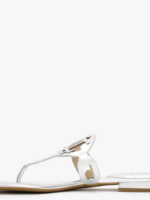 Audrie Silver Burnished Leather Logo Sandals