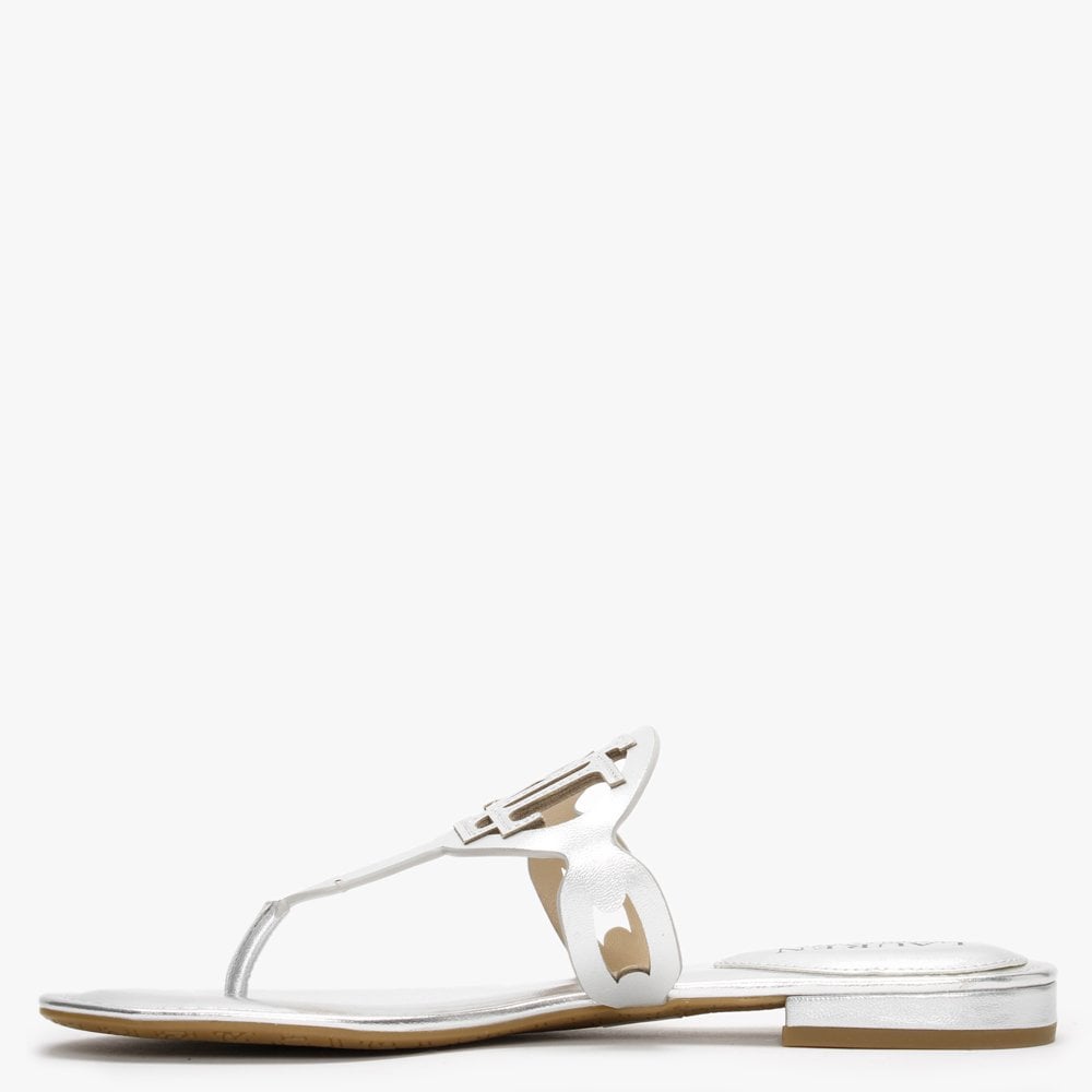 Audrie Silver Burnished Leather Logo Sandals